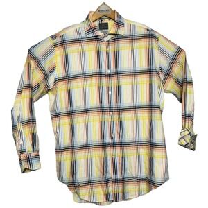 Thomas Dean Yellow Orange and Blue Check Stripe Pima Ctn Btn Down Mens Sz Large